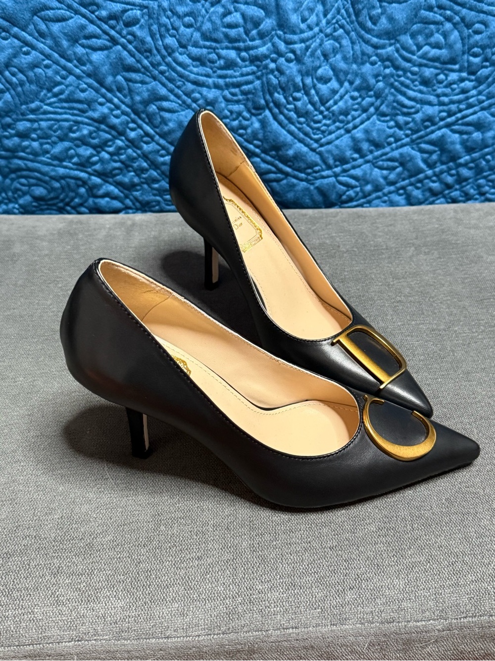Dior Black Pointed Toe Flats with Gold CD Emblems - Picture 2 of 4